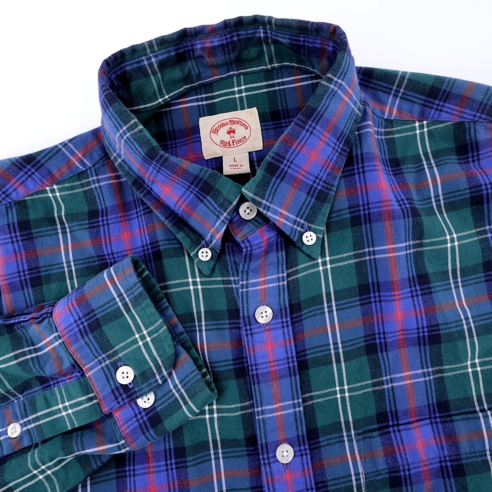 Brooks Brothers Red Fleece Plaid Button Down Green Long Sleeve Mens L